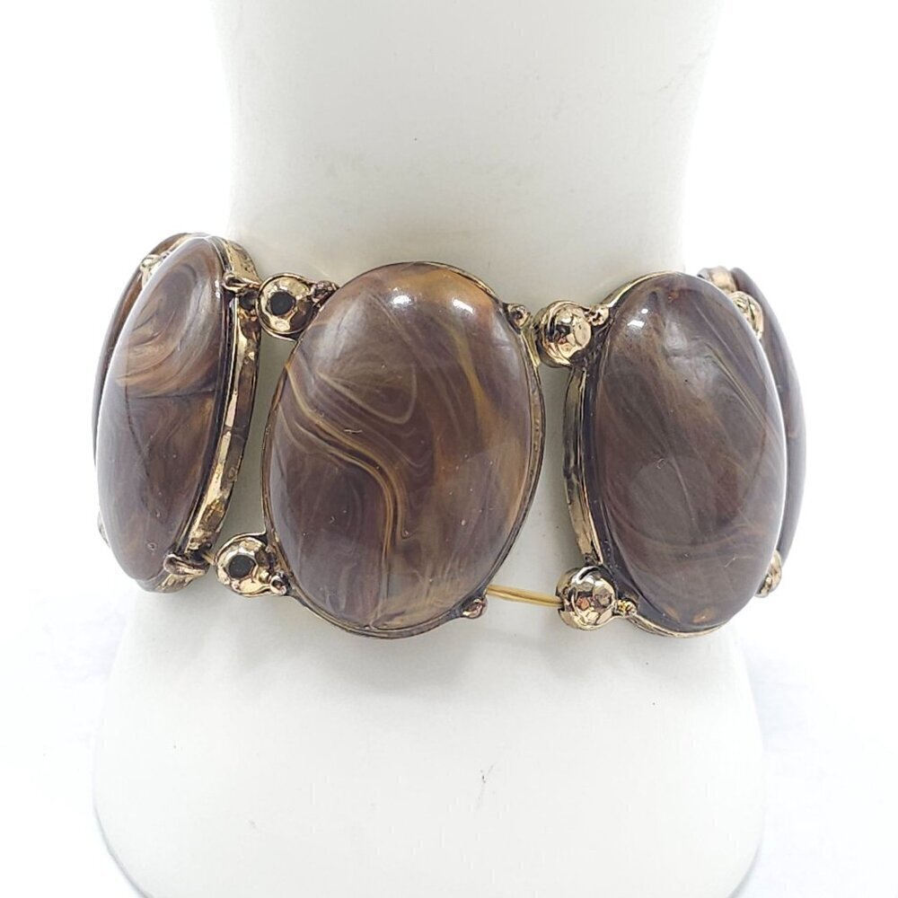 Vintage Gold Tone Link Bracelet With Brown Swirl Acrylic Cabochons